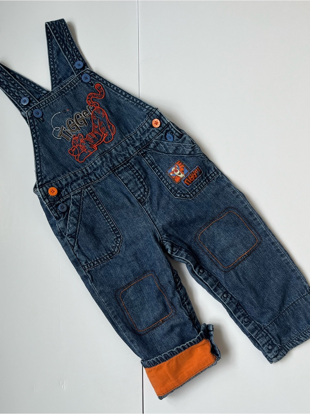 Tigger Denim Kids Overalls in Dark Blue with Orange Accent